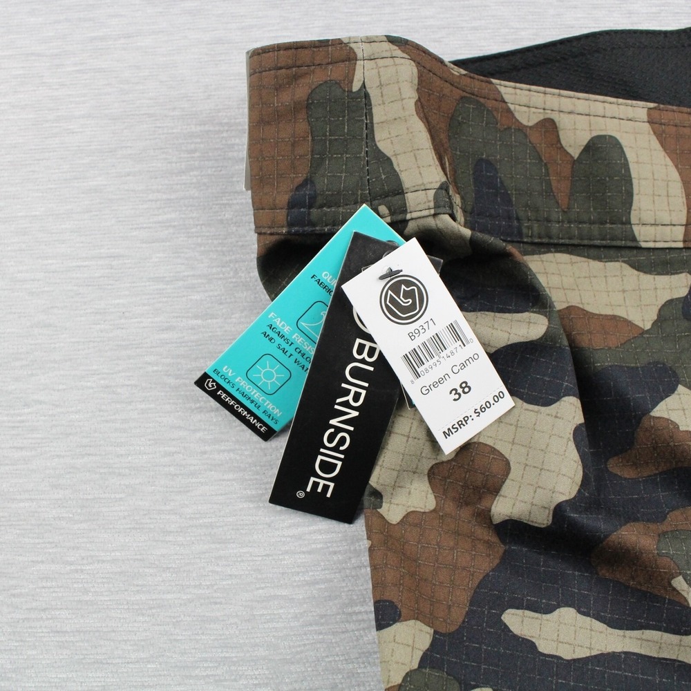 Burnside Board Shorts Mens 38 Green Camouflage Dobby 8.5" Polyester Stretch NEW - Picture 3 of 8